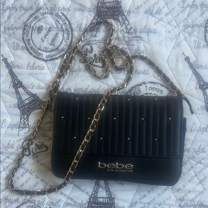 Bebe Black Quilted Crossbody Bag with Gold Chain